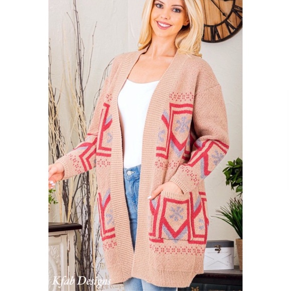 B29S🤎💗Luxury look+feel tan Southwest print cardigan w/pink +blue trim details - Picture 7 of 13